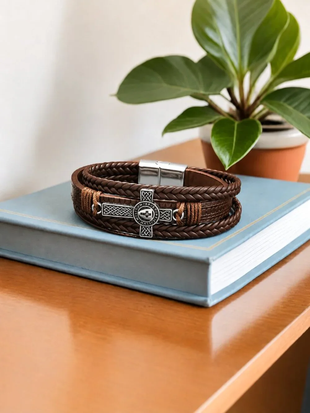 Brown Braided Leather Cross Bracelet Celtic Stainless Steel Magnetic Unisex